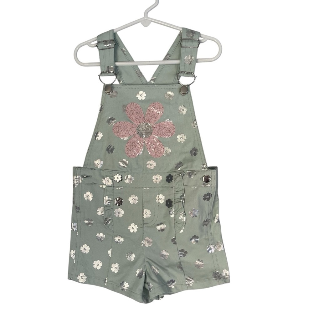 Little Lass Blue Denim Overall Roper Flower Size 5 Light Teal Pink